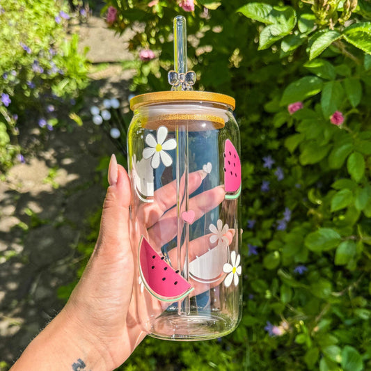 Trinkglas mit Melonen und weißen Blümchen - für die fruchtig-süße Erfrischung 🍉🌼