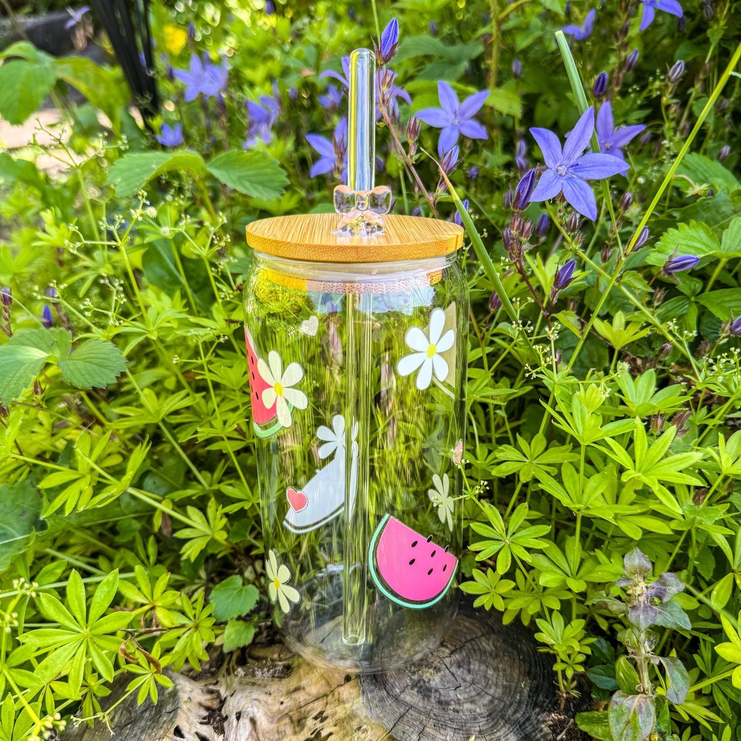 Trinkglas mit Melonen und weißen Blümchen - für die fruchtig-süße Erfrischung 🍉🌼
