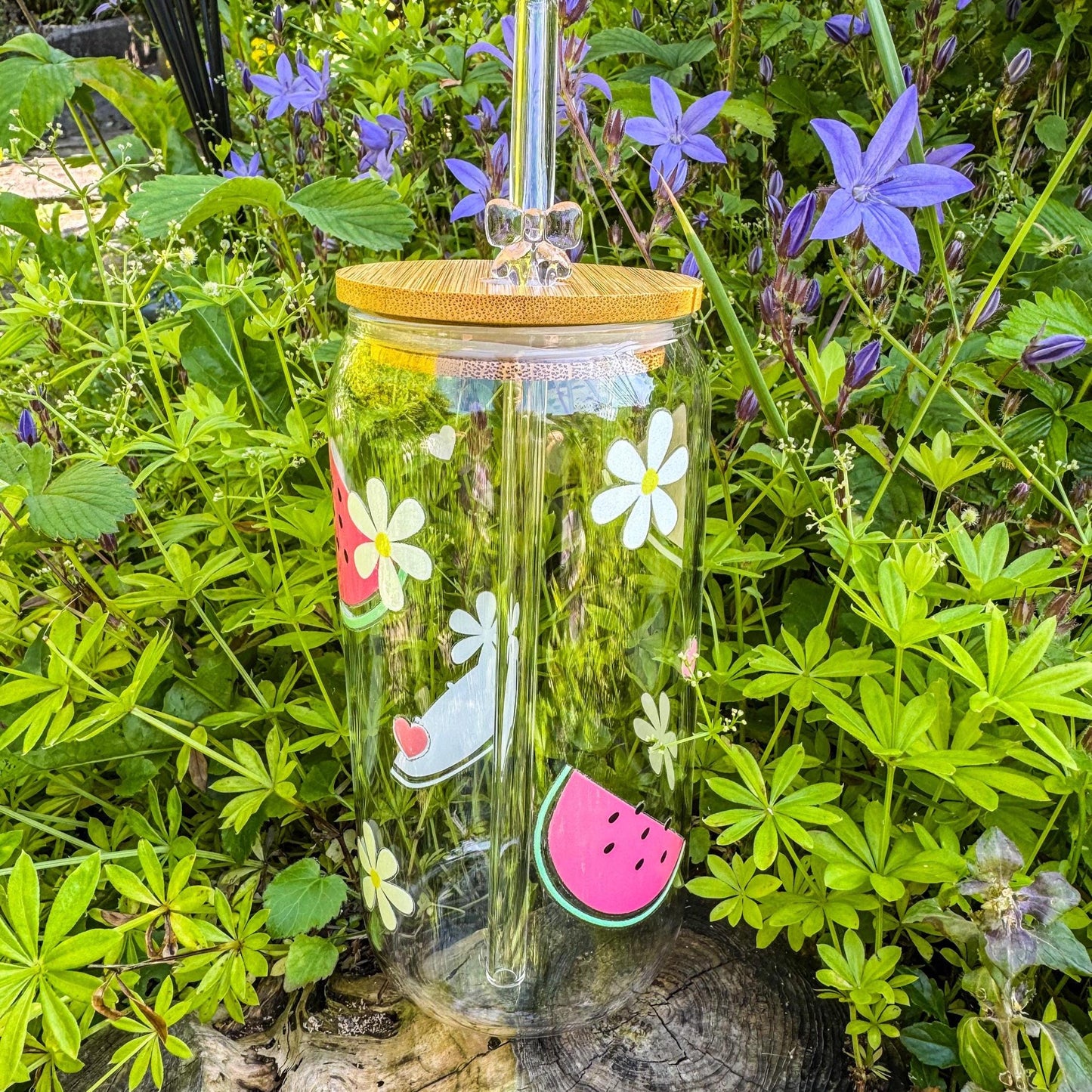 Trinkglas mit Melonen und weißen Blümchen - für die fruchtig-süße Erfrischung 🍉🌼