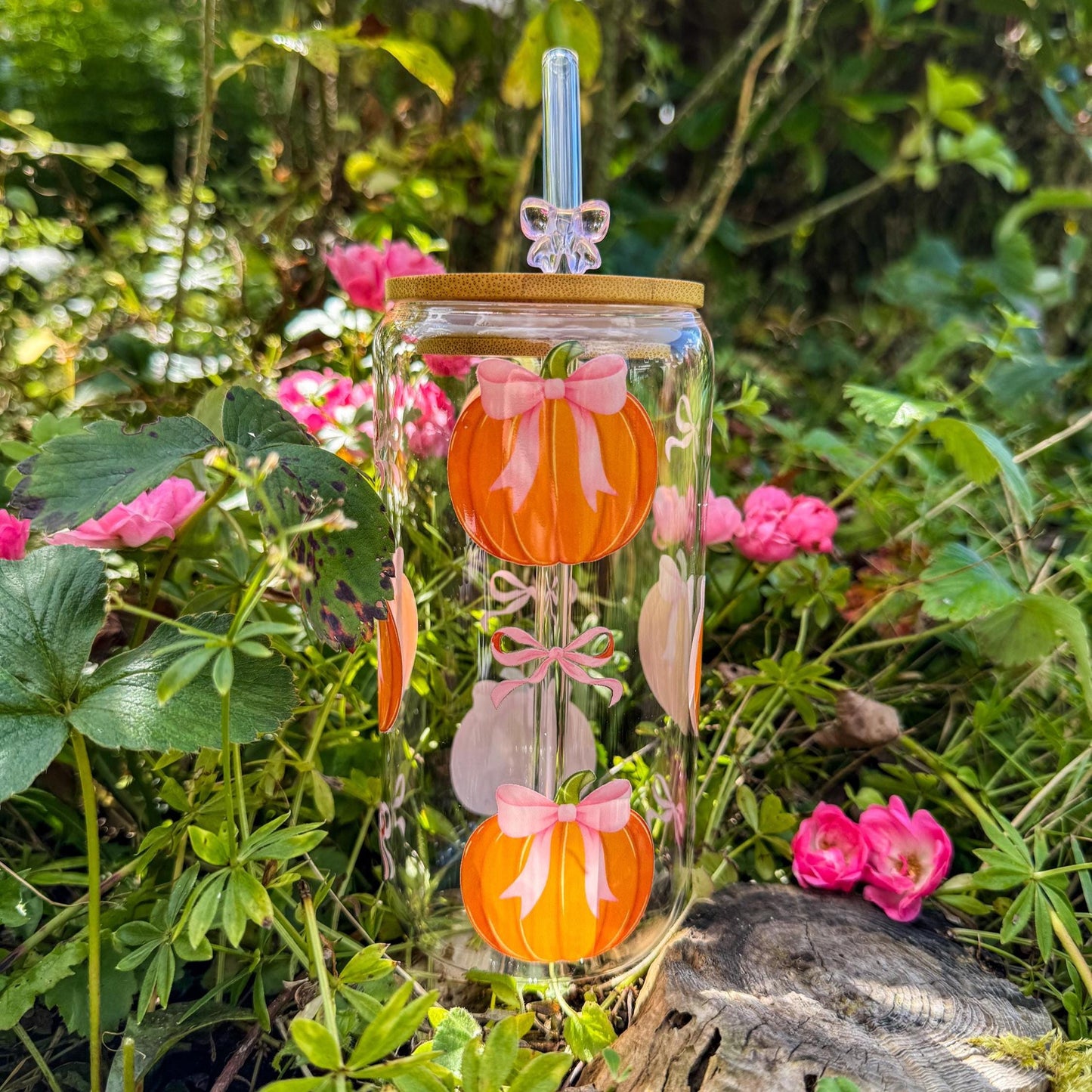 Trinkglas mit Kürbissen und rosa Schleifen - für gemütliche Herbsttage 🎃🎀